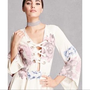 Selfie by Leslie XS Lace Up Floral Dress Cream